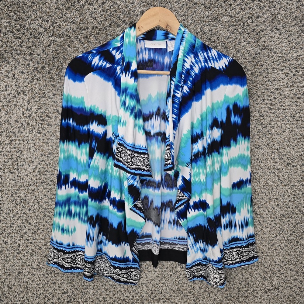 Chicos Cardigan‎ Womens 0 US Small Blue Open Front Printed Stretch Casual Ladies